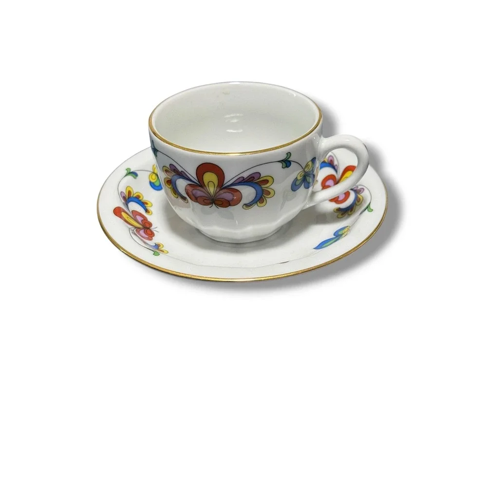 Porsgrund Norway Porcelain VTG‎ MCM Farmers Rose Tea Cup Saucer Set Rosemaling